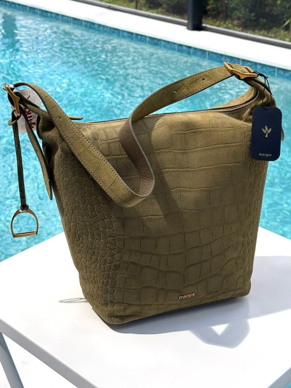 Margot Sienna Large Bucket Olive Green Croc Embsd Suede Leather Shoulder Bag NWT